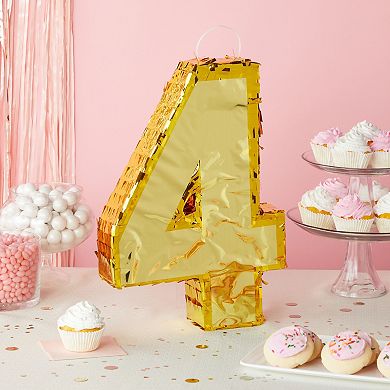 Small Gold Foil Number 4 Pinata For 4th Birthday Party Decorations, 15.5x11x3 In