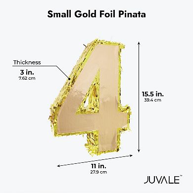 Small Gold Foil Number 4 Pinata For 4th Birthday Party Decorations, 15.5x11x3 In