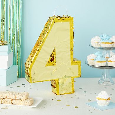 Small Gold Foil Number 4 Pinata For 4th Birthday Party Decorations, 15.5x11x3 In
