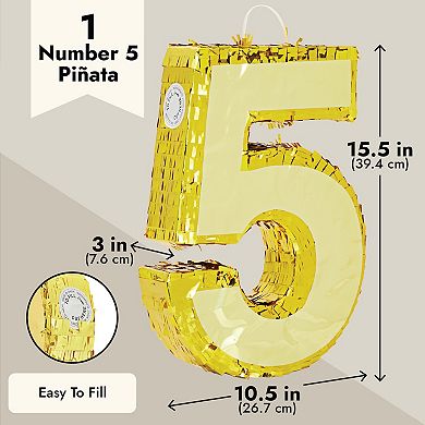 Small Number 5 Pinata, Gold Foil Fifth Birthday Party Supplies, 16 X 11 X 3"