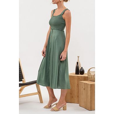 August Sky Women's Sleeveless Smocked Bodice Faux Button Down Skirt Midi Dress