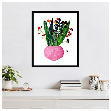 Pink Pot With Plant By Sarah Thompsonengels Wood Framed Wall Art Print