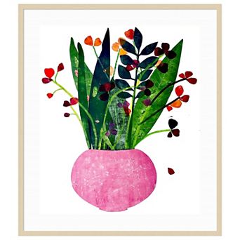 Pink Pot With Plant By Sarah Thompsonengels Wood Framed Wall Art Print