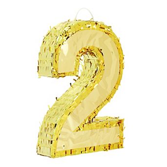 Small Gold Foil Number 2 Pinata, 2nd Birthday Party Decorations, 16 X 10.5 X 3"