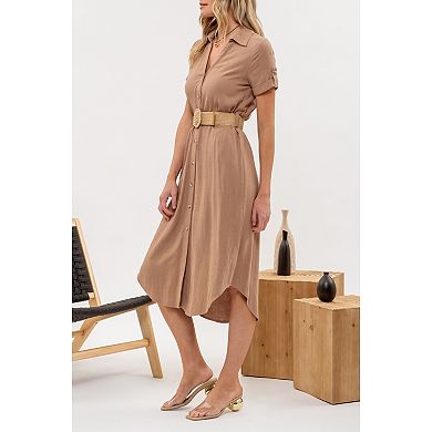 August Sky Women's Spread Collar Front Button Up Belted Midi Shirtdress
