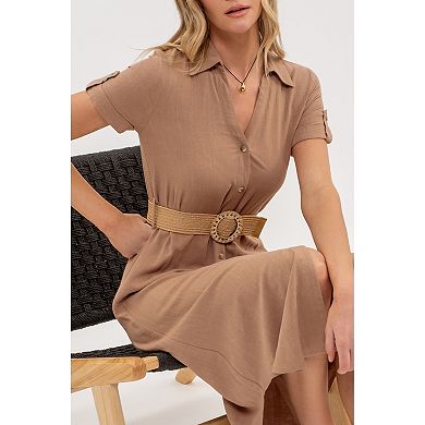 August Sky Women's Spread Collar Front Button Up Belted Midi Shirtdress