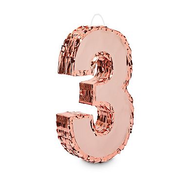 Number 3 Pinatas for Kids 3rd Birthday Party, Pull String, Small Rose Gold