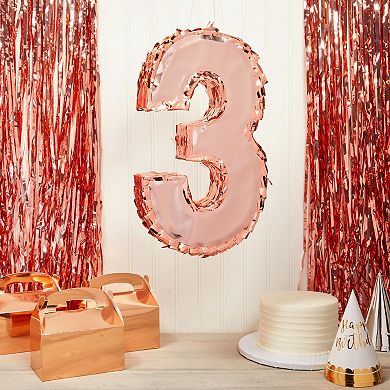 Number 3 Pinatas for Kids 3rd Birthday Party, Pull String, Small Rose Gold