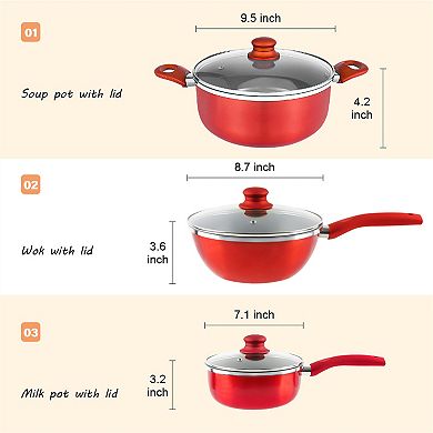 Nonstick Cookware Set - Wok, Soup, Milk Pot Set, Red