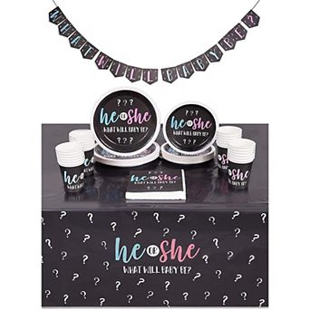 Gender Reveal Party Pack, Dinnerware, Banner, Tablecloth, He Or She (24 Set, 99)