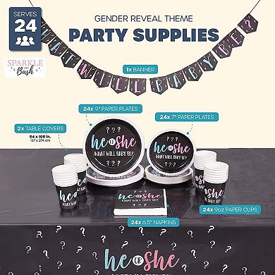 Gender Reveal Party Pack, Dinnerware, Banner, Tablecloth, He Or She (24 Set, 99)