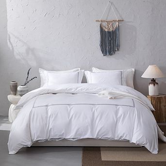 Graceful Double Linear Embroidery 500 Thread Count Cotton Sateen Duvet Cover Set