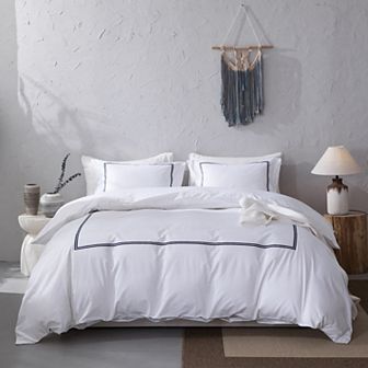 Graceful Double Linear Embroidery 500 Thread Count Cotton Sateen Duvet Cover Set