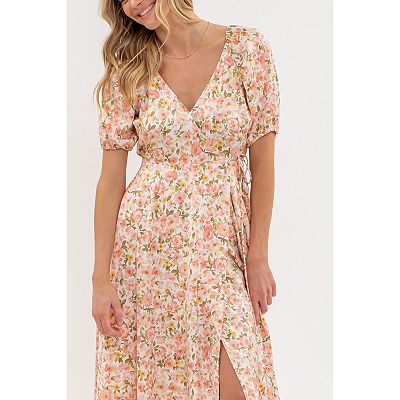 august sky women's sequin faux wrap midi dress August Sky Women's V-neckline Wrap Floral Midi Dress