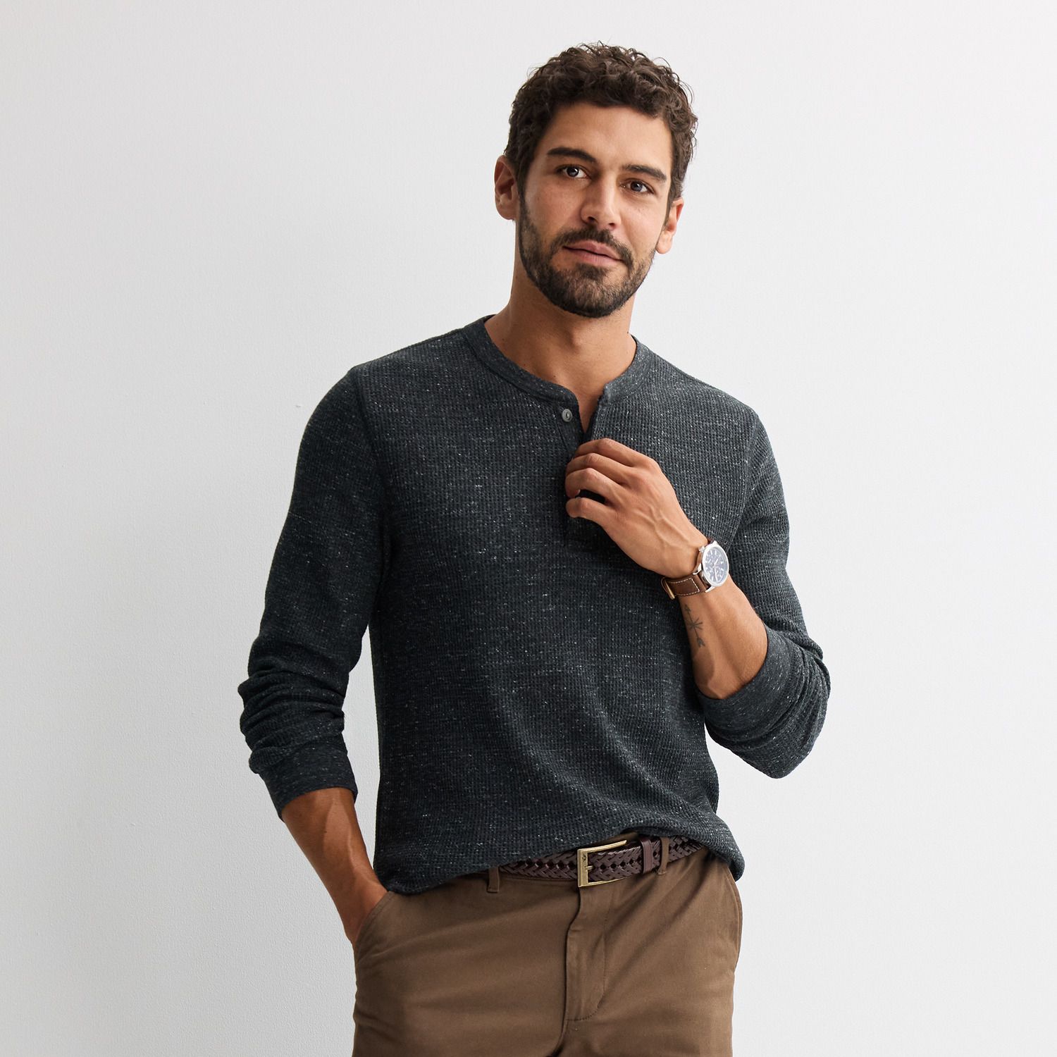 Мужская футболка Sonoma Goods For Life Essential Long Sleeve Waffle Henley, цвет: Чёрный меланжевый — фото 1