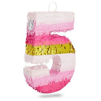 Number 5 Pinata For Kids Girl 5th Birthday Party, Gold Pink 16.5 X 11.6 X 3 in