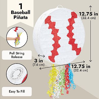 Small Pull String Baseball Pinata For Boys Birthday Party, 12.75 X 3 In