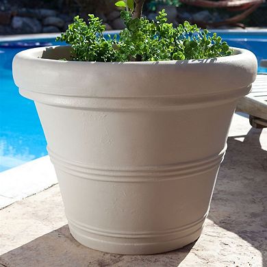 26-Inch Round Outdoor Planter Pot with Drainage Holes, Light Grey Resin Garden Container