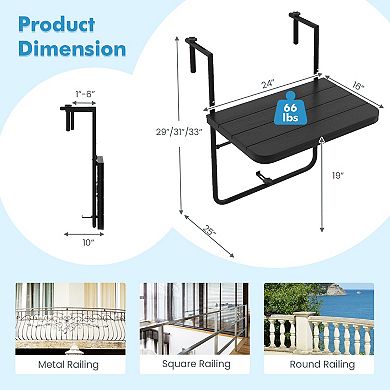 Folding Hanging Table With 3-level Adjustable Height For Patio Balcony