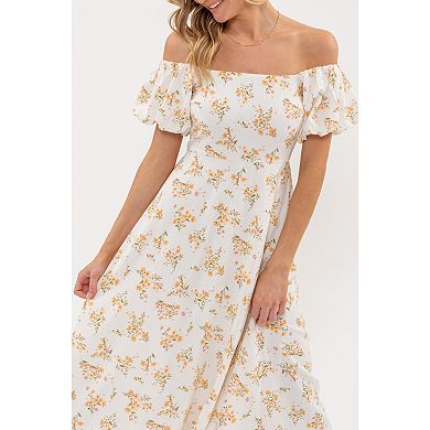 August Sky Women's Floral Off Shoulder Side Split Midi Dress