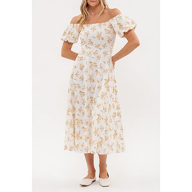 August Sky Women's Floral Off Shoulder Side Split Midi Dress