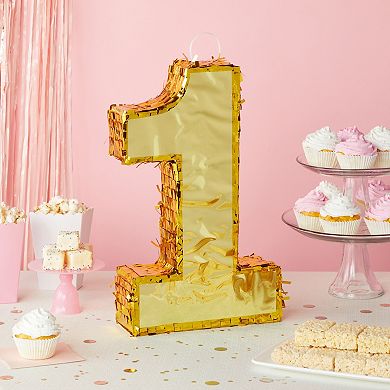 Mini Number 1 Pinata For Fourth Birthday Party, Gold Foil, 16 X 3 X 10 In