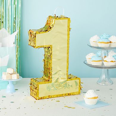 Mini Number 1 Pinata For Fourth Birthday Party, Gold Foil, 16 X 3 X 10 In