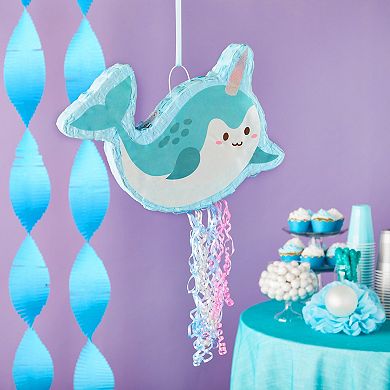 Small Narwhal Pull String Pinata, Under The Sea Party Decorations, 16.5 X 12.3"