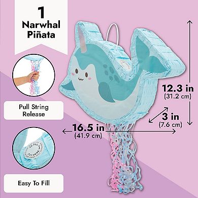 Small Narwhal Pull String Pinata, Under The Sea Party Decorations, 16.5 X 12.3"