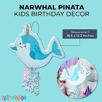 Small Narwhal Pull String Pinata, Under The Sea Party Decorations, 16.5 X 12.3"