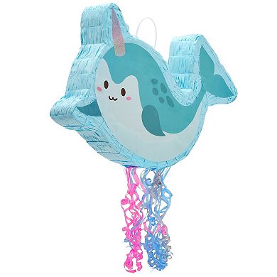 Small Narwhal Pull String Pinata, Under The Sea Party Decorations, 16.5 X 12.3"