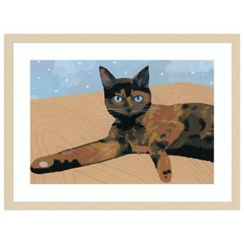 Lay Down At The Desk Tortoiseshell Cat By Hiroyuki Izutsu Wood Framed Wall Art Print