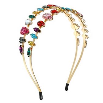 Metal Colorful Glass Faux Crystal Hairband Double Layer 5.63"x1.77"