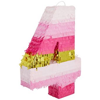Small Number 4 Gold Pink Pinata, Kids 4th Birthday Party Supplies, 16.5 X 11 in
