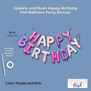 Happy Birthday Pink & Purple Letters 16" Balloons Banner For Party Decorations