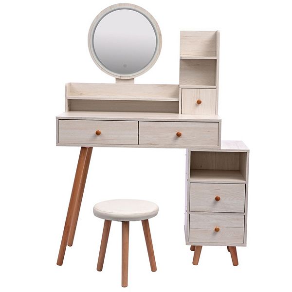 Vanity Table With Touch Control Led Mirror, Cushioned Stool and 5 Drawers