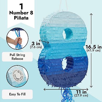 Number 8 Pull String Pinata for 8th Birthday Party, Ombre Blue 16.5 x 11 x 3 in