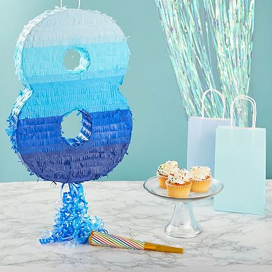 Number 8 Pull String Pinata for 8th Birthday Party, Ombre Blue 16.5 x 11 x 3 in