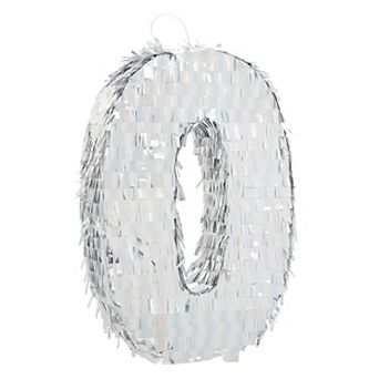 Small Number 0 Silver Holographic Pinata For Kid Birthday Party Decor, 15.7x9x3"