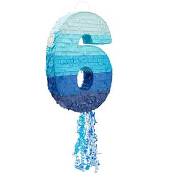 Number 6 Pull String Pinata For 6th Birthday Party, Ombre Blue 16.5x11.3x3 In