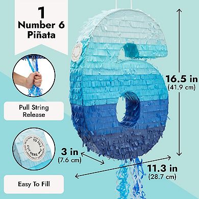 Number 6 Pull String Pinata For 6th Birthday Party, Ombre Blue 16.5x11.3x3 In