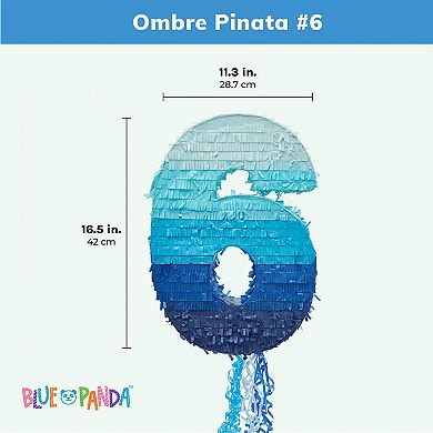 Number 6 Pull String Pinata For 6th Birthday Party, Ombre Blue 16.5x11.3x3 In