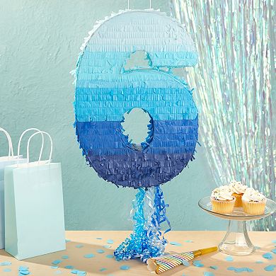 Number 6 Pull String Pinata For 6th Birthday Party, Ombre Blue 16.5x11.3x3 In