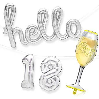 Hello 18 And Champagne Glass Foil Balloons For 18th Birthday Party (4 Pieces)
