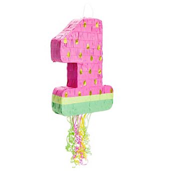 Small Pull String Watermelon Number 1 Pinata For 1st Birthday Party, 16.5x11x3"