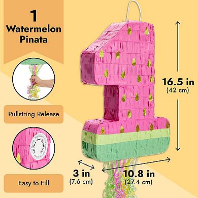 Small Pull String Watermelon Number 1 Pinata For 1st Birthday Party, 16.5x11x3"