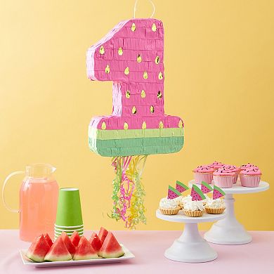 Small Pull String Watermelon Number 1 Pinata For 1st Birthday Party, 16.5x11x3"