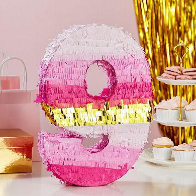 Number 9 Pinata For Kids Girl 9th Birthday Party, Gold Pink 11.35 X 16.5 X 3 In