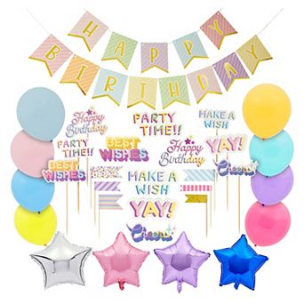 99 pc Rainbow Party Decorations Set with Balloons, Cake Toppers, Banner