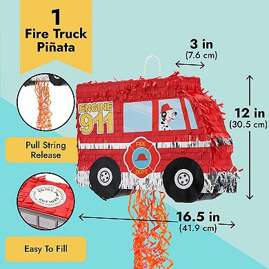 Small Pull String Fire Truck Pinata For Party Decorations, 16 X 12.3 X 3 In